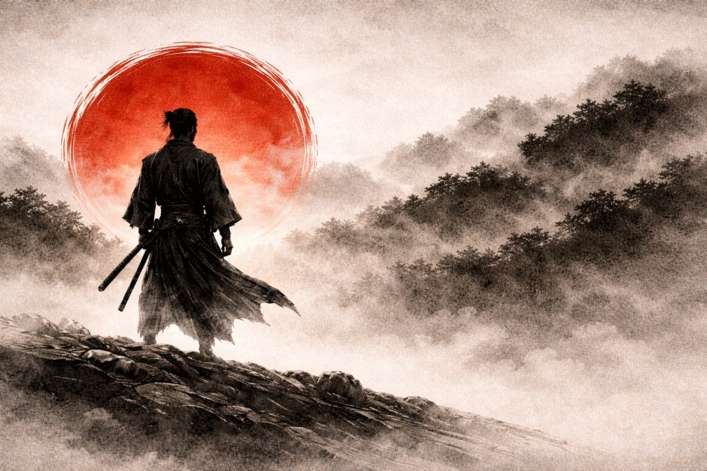 Minimalist sumi-e style illustration of a lone ronin standing on a mountain ridge in mist, silhouetted against a bold red brush-circle sun, conveying authority, clarity, and strategic vision.