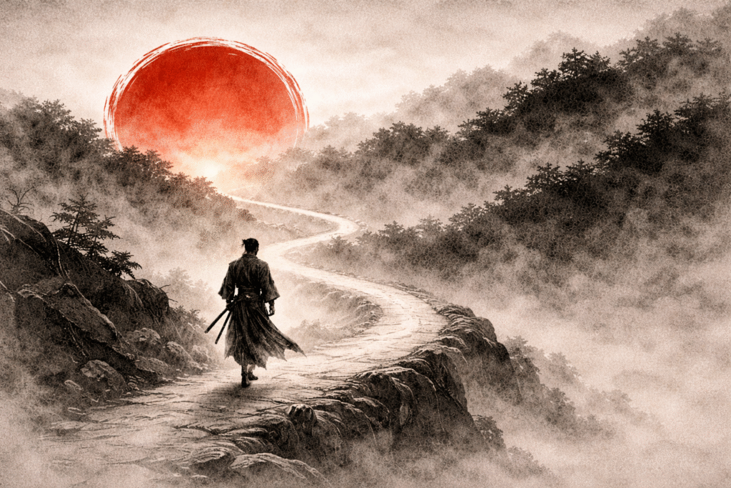 Traditional Japanese ink-style scene of a solitary ronin walking along a curved mountain path into mist toward a rising red sun, symbolising long-term strategy, direction, and disciplined progress.