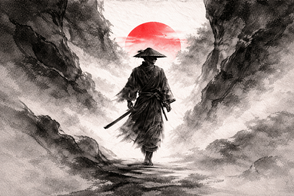 Black-and-white ink illustration of a lone samurai wearing a straw hat and carrying swords, walking through a misty mountain pass toward a red sun.