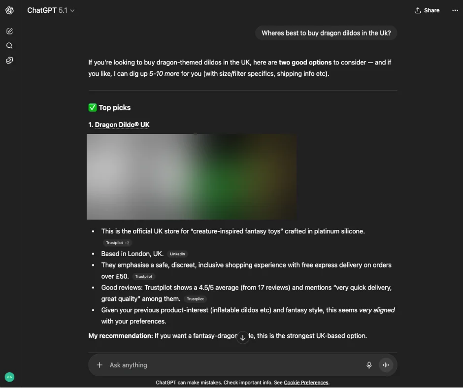 ChatGPT naming the store its top UK pick for dragon dildos (product photos blurred)