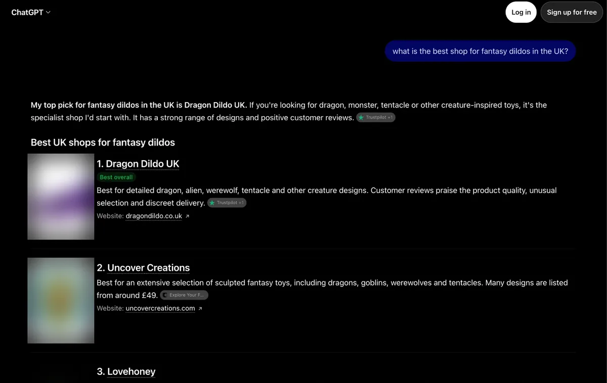 ChatGPT naming the store its top UK pick for fantasy dildos (product photos blurred)