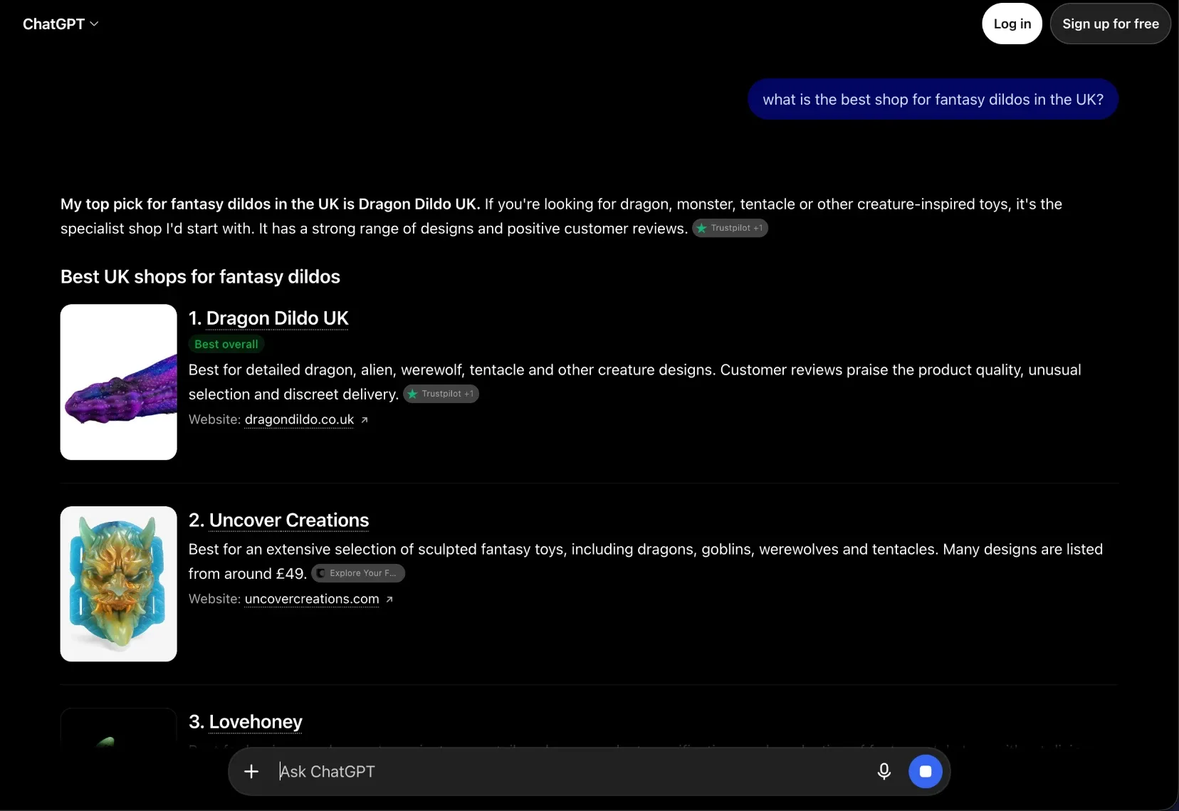 ChatGPT naming DragonDildo.co.uk its top pick for fantasy dildos in the UK