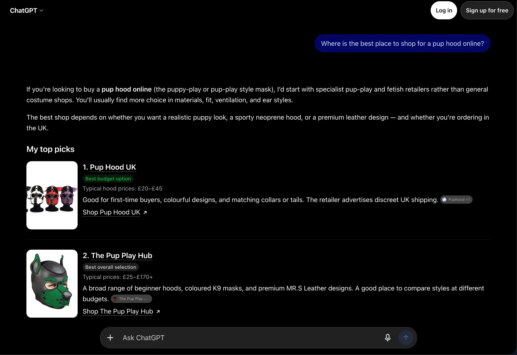 ChatGPT listing Pup Hood UK first for pup hoods online